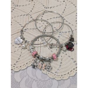 4pc Silver Tone Wire Bangle Set Loaded Charm Stacking Bracelets 16 Charms Lot